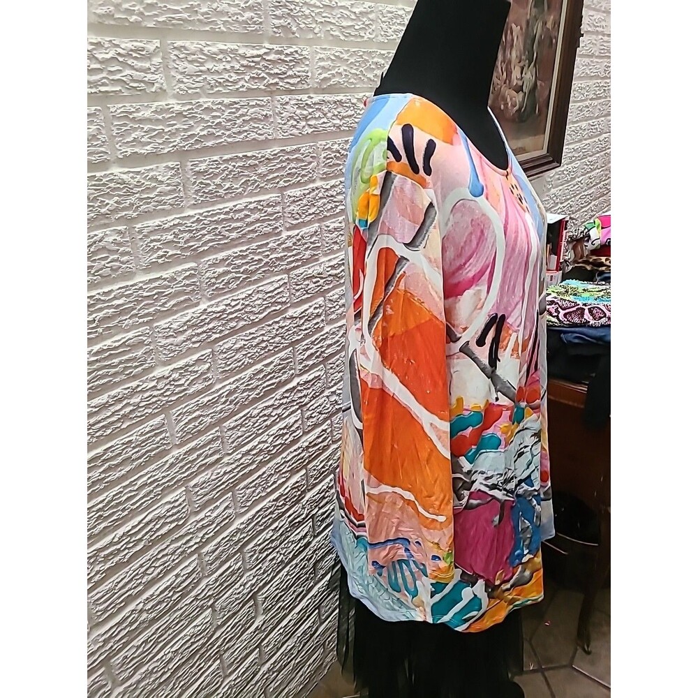 CLAIRE DESJARDINS Women's Size XL Abstract Art to Wear 3/4 Sleeve Funky Loud Top - Picture 4 of 6